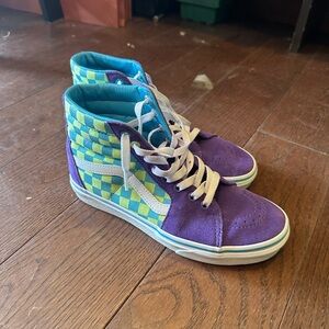 Purple and Teal & Lime Checkered Vans High-Top Sneakers